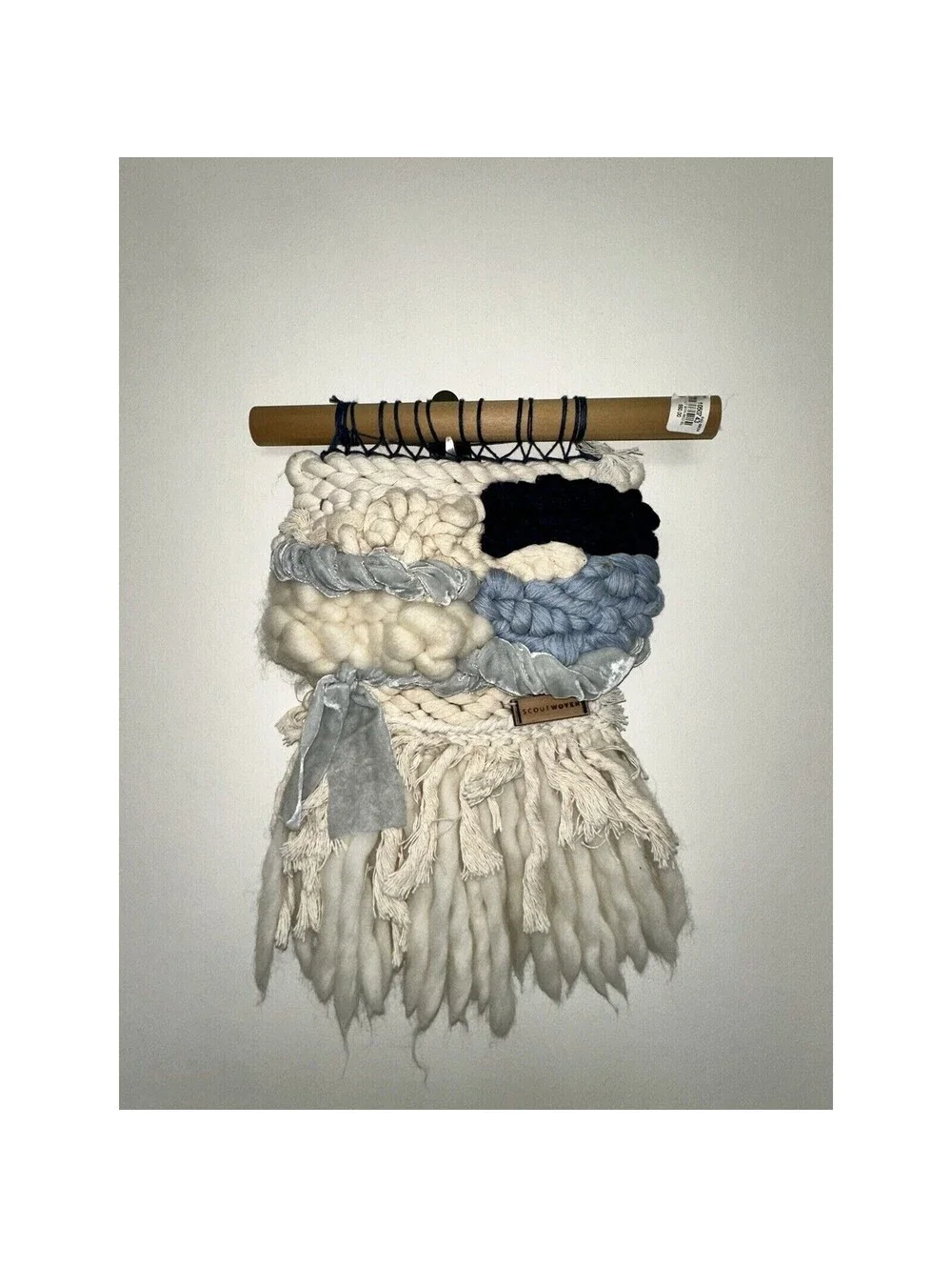 Handmade Roving Wool Velvet Tapestry Wall Hanging Bohemian Boho Ivory Blue 15
